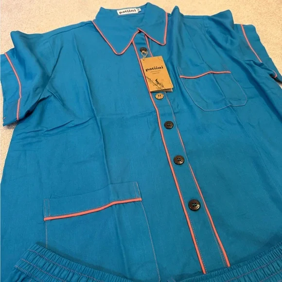 NWT Patiini Blue/Pink Pajama Set Shirt/Shorts with Matching Eye Mask Women’s M - Picture 6 of 7